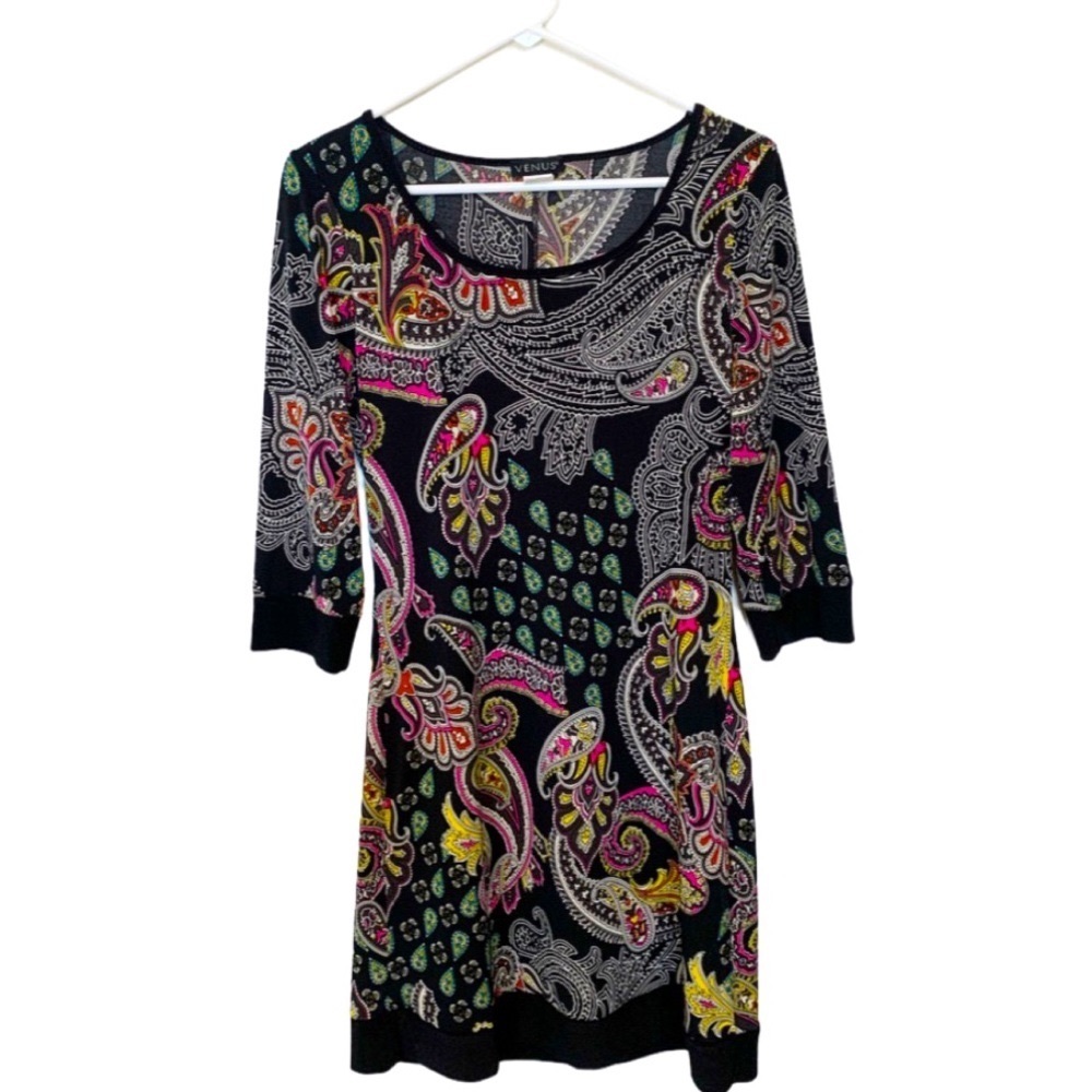 VENUS Black Paisley Print Dress with Pink & Yellow Accents M